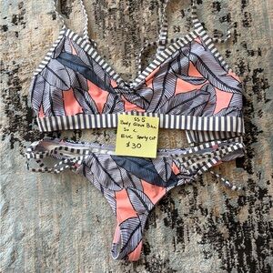 Leaf Print Striped-Trim Bikini Set — Pink & Navy